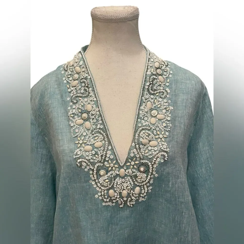 Lafayette 148 Womens Blue White beaded Long sleeve blouse size 18 - Picture 2 of 10